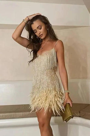 Sequined Feather-Trim Mini Dress
