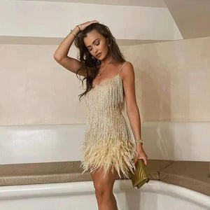 Sequined Feather-Trim Mini Dress