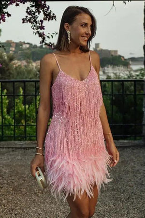 Sequined Feather-Trim Mini Dress