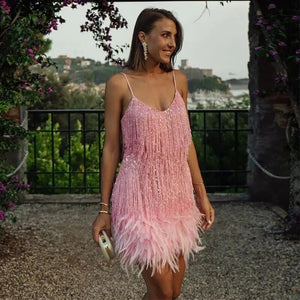 Sequined Feather-Trim Mini Dress