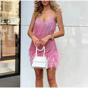 Sequined Feather-Trim Mini Dress