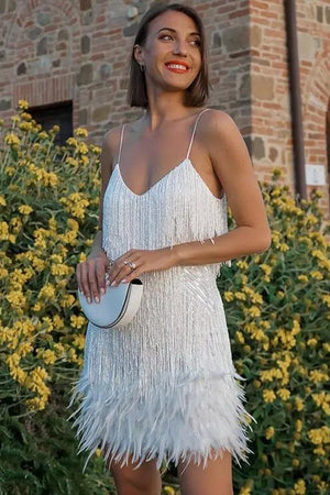 Sequined Feather-Trim Mini Dress