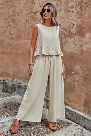 Ruffle Top & Wide-Leg Trouser Set