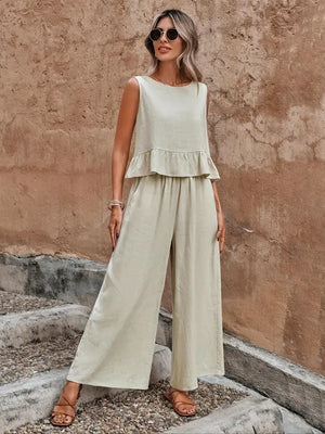 Ruffle Top & Wide-Leg Trouser Set
