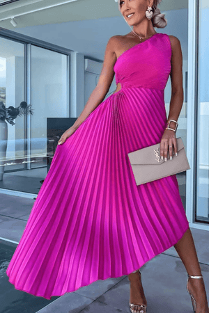 One-Shoulder Pleated Maxi Dress