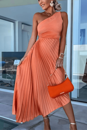 One-Shoulder Pleated Maxi Dress