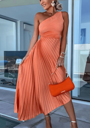 One-Shoulder Pleated Maxi Dress