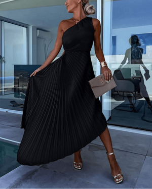 One-Shoulder Pleated Maxi Dress