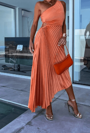 One-Shoulder Pleated Maxi Dress