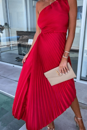 One-Shoulder Pleated Maxi Dress