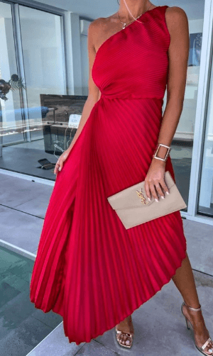 One-Shoulder Pleated Maxi Dress