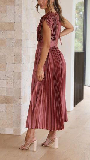 Pleated V-Neck Midi Dress