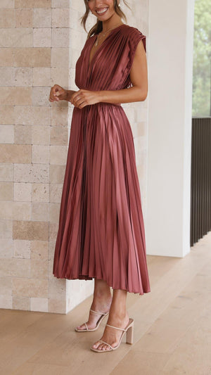 Pleated V-Neck Midi Dress