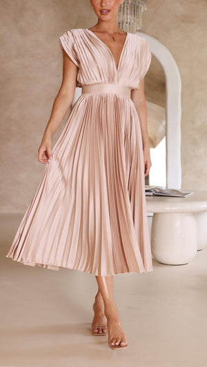 Pleated V-Neck Midi Dress