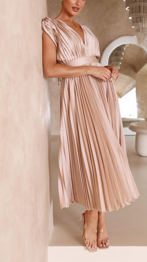 Pleated V-Neck Midi Dress