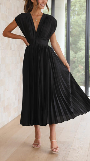 Pleated V-Neck Midi Dress