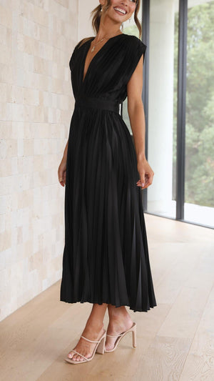 Pleated V-Neck Midi Dress